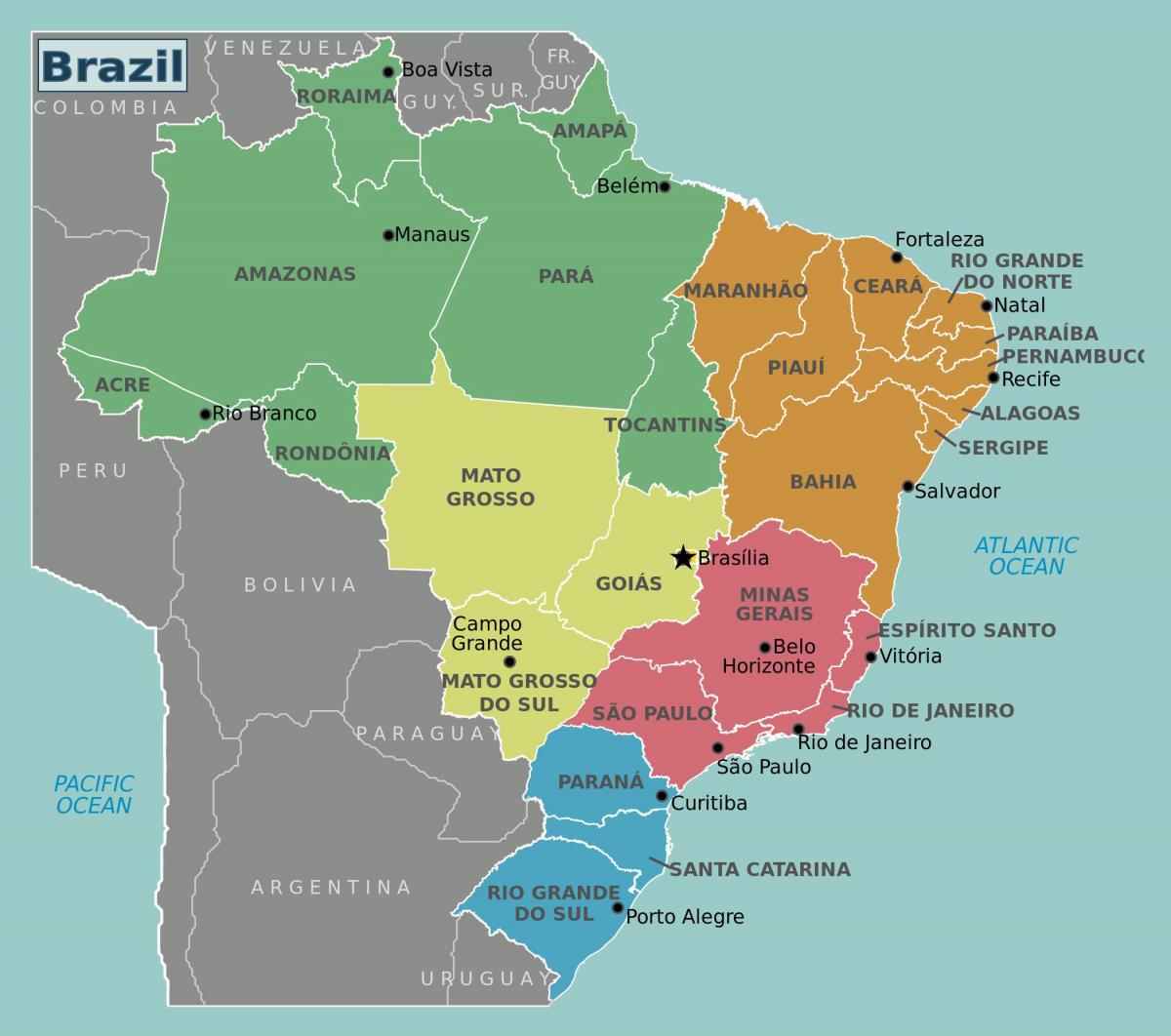 Mapa Brazylii z głównymi miastami